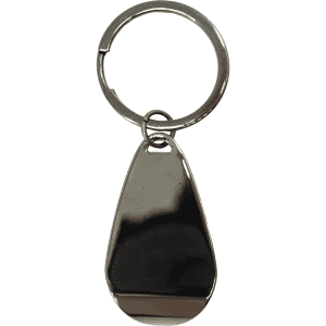 A drink bottle opener keychain in gunmetal grey with a polished, teardrop-shaped design and a metal ring.