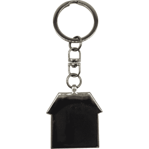 A gunmetal keychain shaped like a house, featuring a circular keyring attachment and a sleek finish.