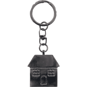 A gunmetal keychain in the shape of a house, featuring windows and a door detail.