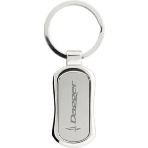 A silver keychain with a sleek, elongated design and a logo on one side.