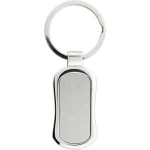 A silver keychain with a smooth, elongated rectangular design and a metal ring.