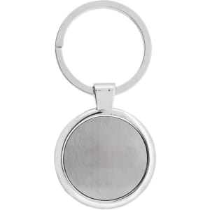 A silver Anello keychain featuring a circular design with a smooth, reflective surface and a metal ring.