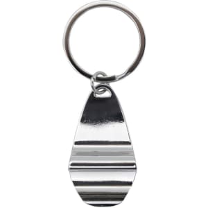 A silver keychain with a sleek, polished design, featuring a round ring for attachment.