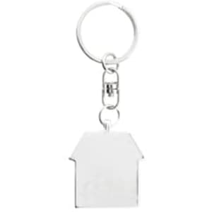 A silver keychain in the shape of a house, featuring a metal ring and a clasp.
