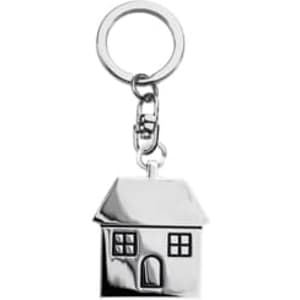 A silver keychain shaped like a house, featuring a keyring attachment and detailed window designs.