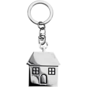A silver keychain shaped like a house, featuring a circular ring and a small clasp.