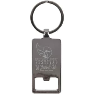 A silver rectangle keychain with a split ring and a bottle opener feature. It has a logo on the front.