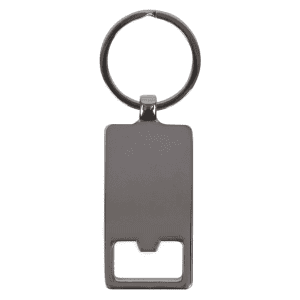 A silver rectangle keychain featuring a blank surface and a round attachment ring.