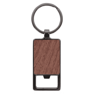 A rectangular keychain featuring a brown wood effect finish and a metal keyring. The keychain has a logo.