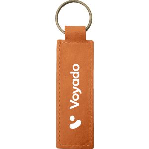 A tan recycled leather keyring with a metal ring and a logo.