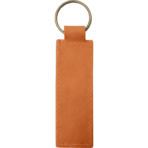 An orange recycled leather keyring with a metal ring, featuring a simple rectangular design and stitched detailing.