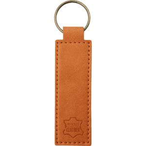 A recycled leather keyring in orange with a metal ring, featuring a textured finish and a branding logo.