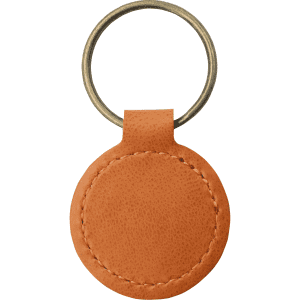 A round keyring made of tan recycled leather with a metal ring for attachment.
