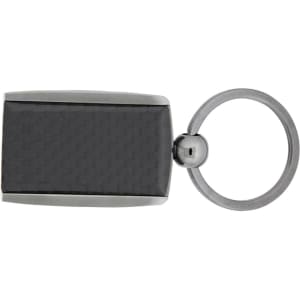 A carbon fibre keychain in black with a silver ring and a sleek design. It features a logo on one side.