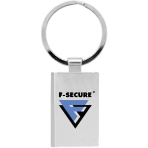 A silver rectangular keychain featuring a metal ring and a logo on one side.