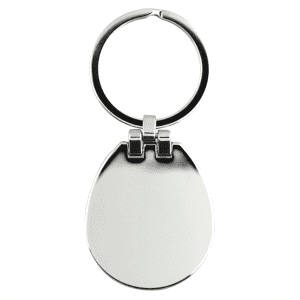 A sleek silver keychain with a smooth, rounded design and a polished finish. It features a metal ring for keys.