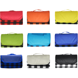 Nine picnic blankets in various colours, including red, orange, yellow, green, blue, purple, and black and white check patterns. Each has a handle.
