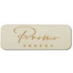 A rectangular wooden badge in light tan with a name engraved on the surface, featuring a subtle, polished finish.