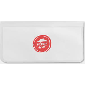 A transparent PEVA reusable food storage bag with a red logo, measuring 21.5cm x 12cm.