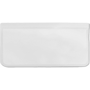 A transparent reusable food storage bag in white, featuring a zip closure and rounded corners.