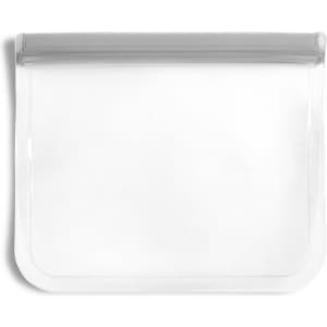 A clear reusable food storage bag with a grey zip seal, measuring 21.5 cm x 18 cm. It has a logo.