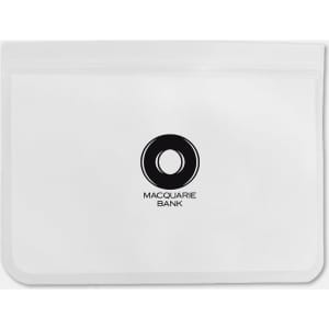 A clear, white PEVA reusable food storage bag featuring a logo, measuring 26 cm x 20 cm.