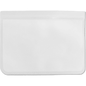 A clear, white PEVA reusable food storage bag, featuring a zip closure, designed for lunch and snacks.