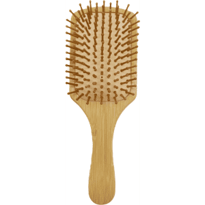 A bamboo hairbrush with a rectangular shape and wooden bristles, featuring a smooth handle.