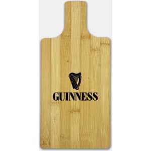 A bamboo paddle board in a natural finish featuring a black logo design.