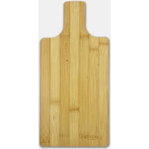 A bamboo paddle board in a natural wood finish with a handle, featuring a logo. Ideal for chopping and serving.