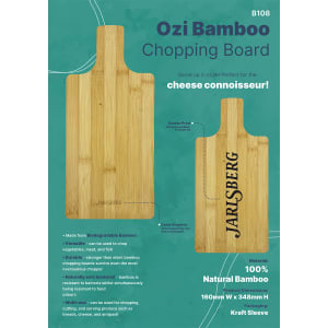 A bamboo chopping board with a smooth surface, featuring a handle and engraved branding, in natural light brown.