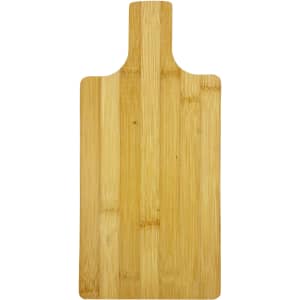 A bamboo paddle board with a smooth, natural finish and a handle, ideal for kitchen use. It has a logo.