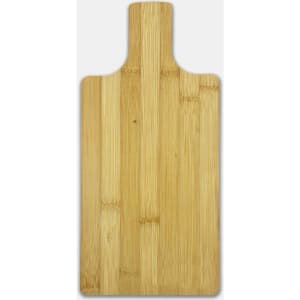 A bamboo chopping board in a natural finish with a handle at the top and a flat surface.