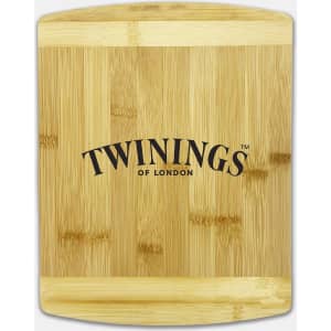 A bamboo cutting board featuring a logo, showcasing a natural wood finish and curved edges.