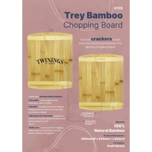 A bamboo chopping board with a natural finish, featuring a logo and information about its features and materials.