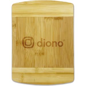 A bamboo cutting board featuring a smooth surface with a light brown hue and a logo.