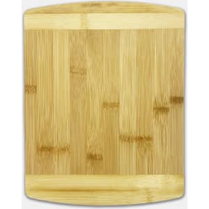 A bamboo cutting board with a smooth surface and rounded edges, featuring a natural wood colour.