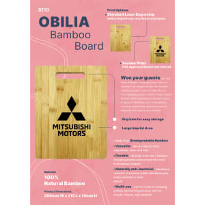 A bamboo chopping board featuring a handle and a logo. It has a natural wood finish and dimensions of 280mm x 215mm x 14mm.