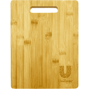 A bamboo chopping board with a handle and a logo, featuring a natural wood grain texture.