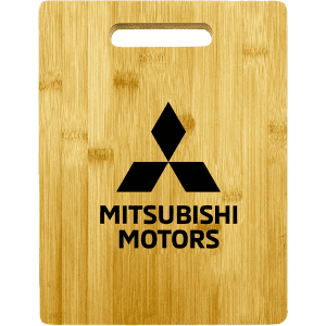 A bamboo chopping board featuring a handle and a logo in black. The board has a natural wood finish.