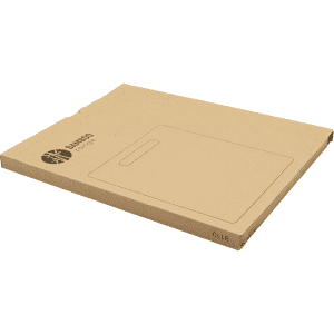 A bamboo chopping board in a cardboard packaging, featuring a handle cut-out and a simple design.