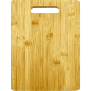 A bamboo chopping board with a handle, featuring a natural wood grain in light brown tones.