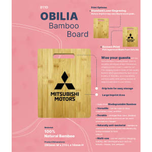 A bamboo chopping board featuring a handle, natural colour, and a logo. Includes information on material and dimensions.