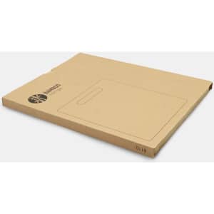 A bamboo chopping board in environmentally friendly packaging, featuring a handle and a simple design.