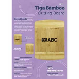 A Tiga Bamboo Cutting Board, made from natural bamboo, features a smooth surface and a logo, showcasing durability and style.