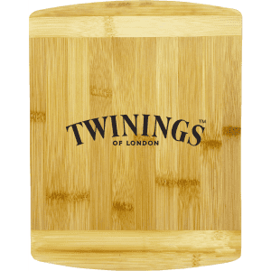 A bamboo cutting board with a smooth surface, featuring a logo. Its natural wood colour adds a warm touch.