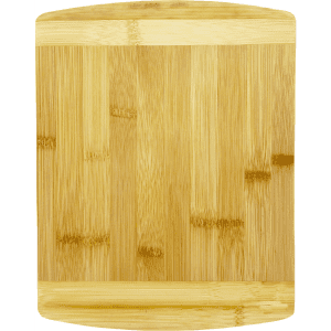 A bamboo cutting board with a smooth, light brown surface and rounded edges, featuring a subtle grain pattern.