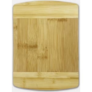 A bamboo cutting board featuring a smooth surface with a natural finish and rounded corners. It has a logo on it.