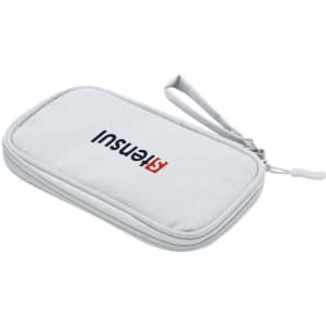A grey carrying case with a zipper and a handle, featuring a logo on the front.