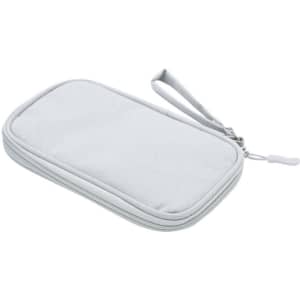 A grey carrying case with a zip closure and a wrist strap, designed for miscellaneous items.